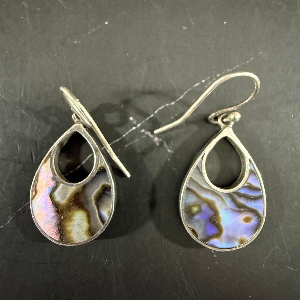 Sterling Silver Abalone Mother of Pearl Tear Drop Earrings .75in